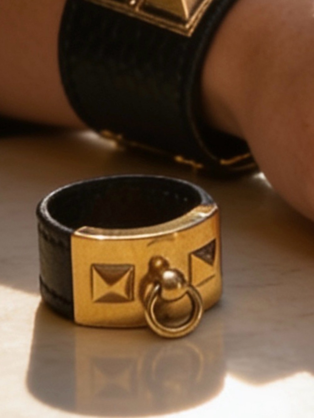 Authentic Hermes Collier de Chien CDC Leather Ring Black Gold GHW L
